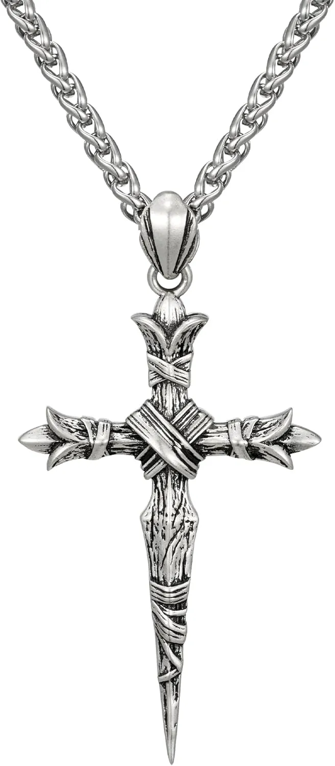 SWEETV Designer Oxidized Sterling Silver Cross Necklace for Men, Vintage Chunky Big Cross Pendant, Amulet Necklace Jewelry Gift for Men