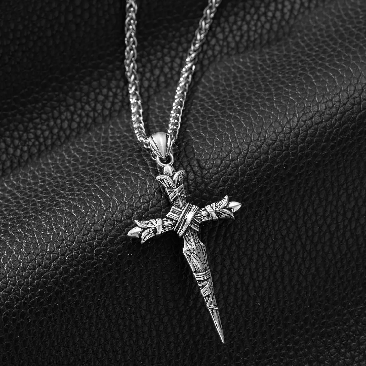SWEETV Designer Oxidized Sterling Silver Cross Necklace for Men, Vintage Chunky Big Cross Pendant, Amulet Necklace Jewelry Gift for Men