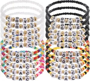 Taouzi 20Pcs LOVE PEACE Bracelets for Women Handmade Elastic Letter Beaded Bracelets Fashion Boho Anklet Bracelets for Women Men (LOVE PEACE)