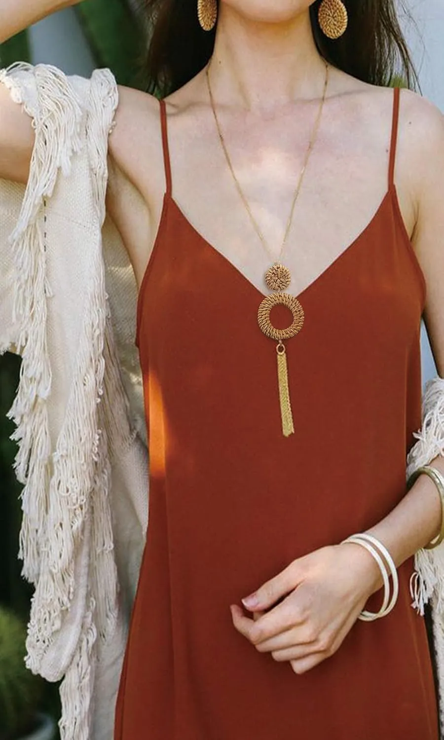 Tassel Pendant Necklace Handmade Straw Wicker Braid Statement Pendant Y-Shaped Long Chain Necklace for Women