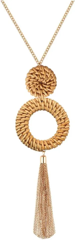 Tassel Pendant Necklace Handmade Straw Wicker Braid Statement Pendant Y-Shaped Long Chain Necklace for Women