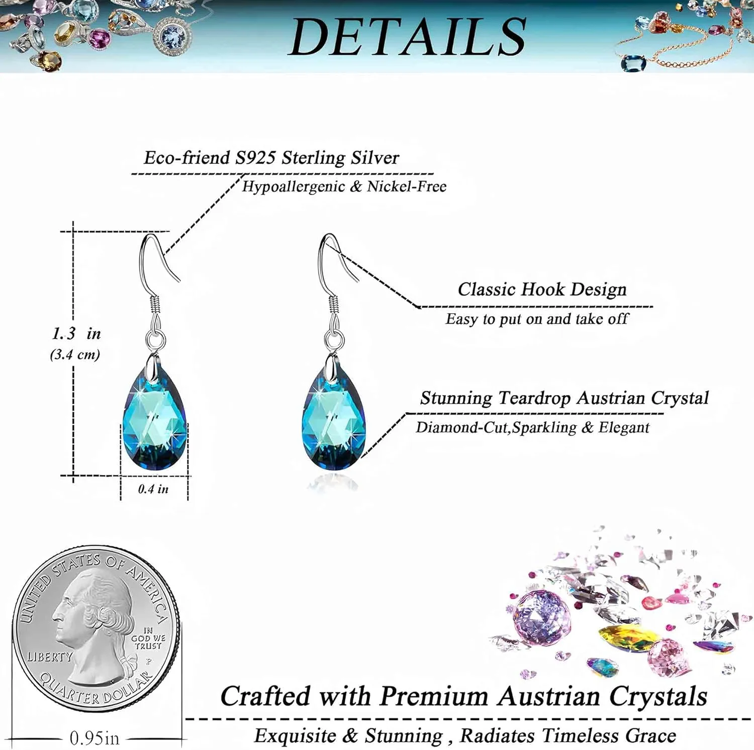 Teardrop Austrian Crystal Drop Dangle Earrings for Women 925 Sterling Silver Hook Hypoallergenic Jewelry