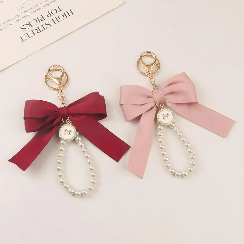tenghong2021 Lily Sakura Flower Keychain Wristlet for Women Pearl Bow Key Chains Car Keys Holder Accessories Gift