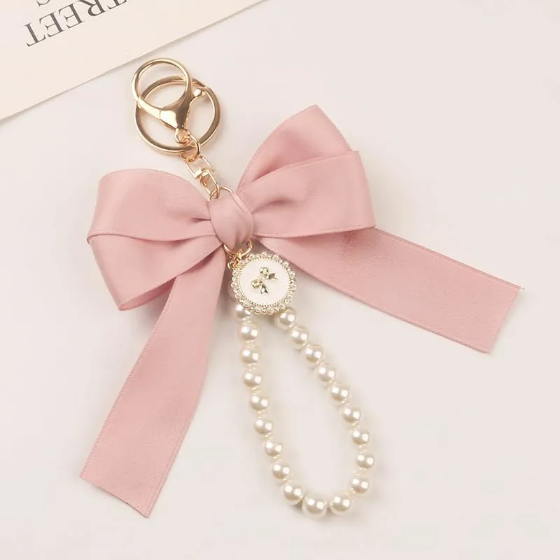 tenghong2021 Lily Sakura Flower Keychain Wristlet for Women Pearl Bow Key Chains Car Keys Holder Accessories Gift