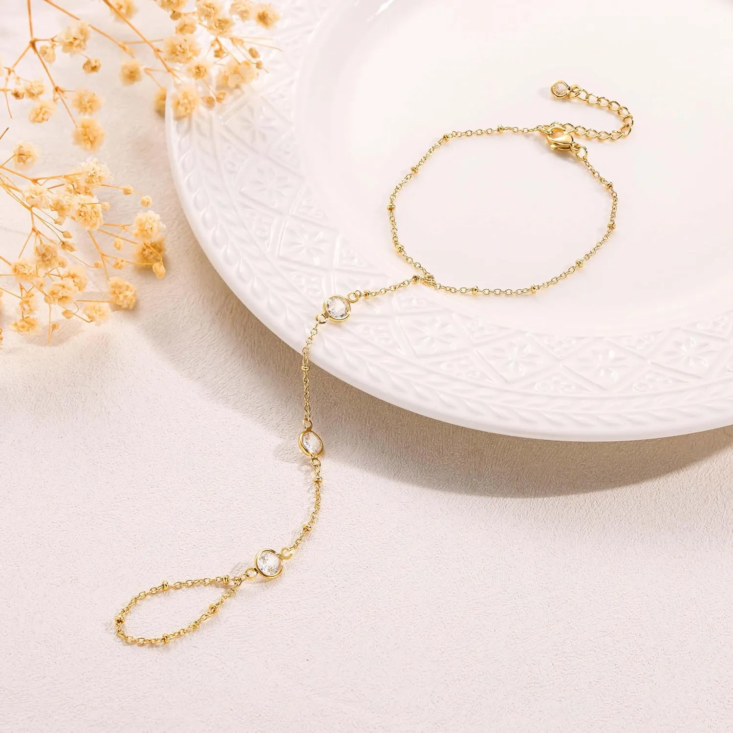 Tewiky Hand Chain Bracelet Ring, 14K Gold Plated/Silver Finger Ring Bracelet, Zircon Sequins Satellite Chain for Women, Trendy Non-Tarnish Jewelry