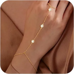 Tewiky Hand Chain Bracelet Ring, 14K Gold Plated/Silver Finger Ring Bracelet, Zircon Sequins Satellite Chain for Women, Trendy Non-Tarnish Jewelry