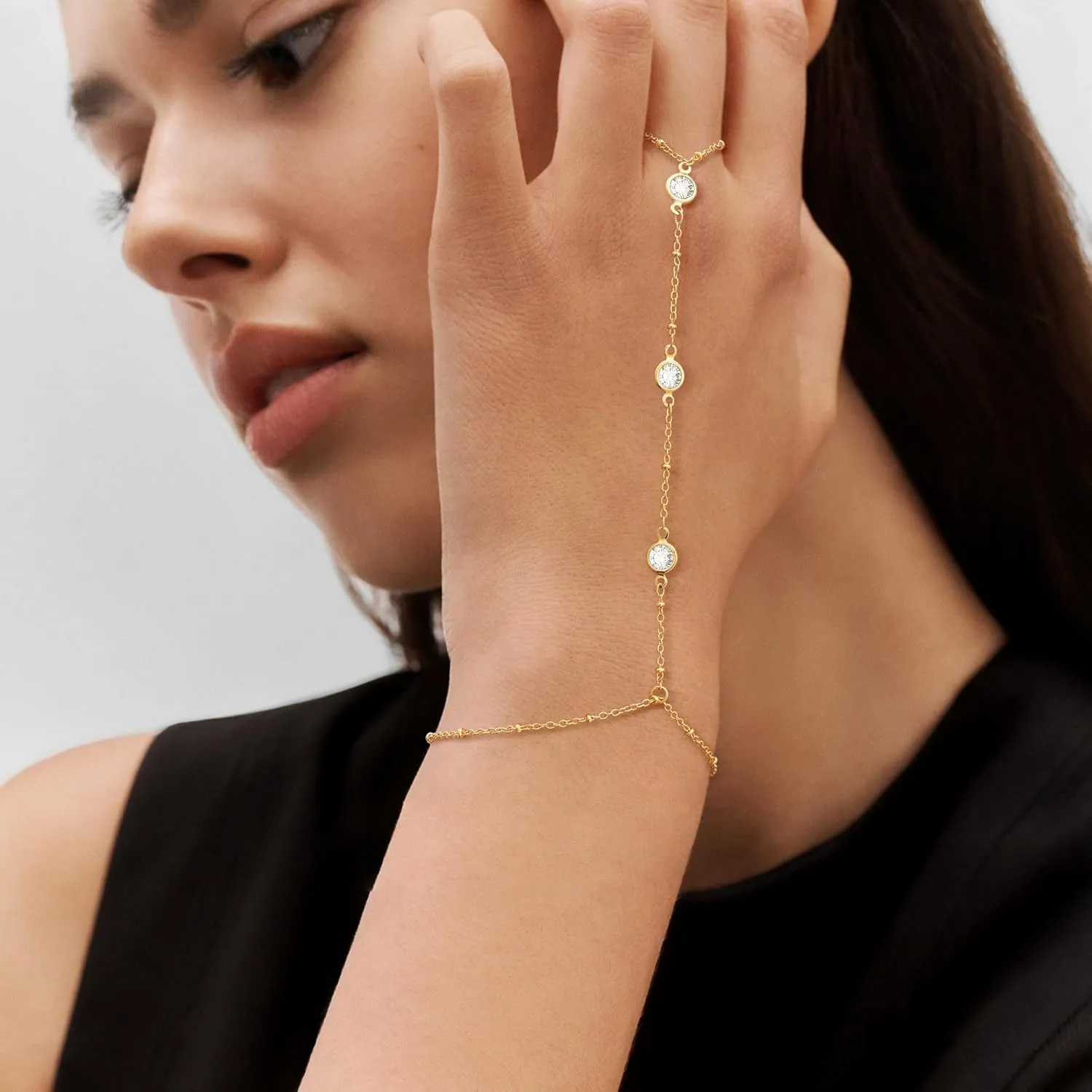 Tewiky Hand Chain Bracelet Ring, 14K Gold Plated/Silver Finger Ring Bracelet, Zircon Sequins Satellite Chain for Women, Trendy Non-Tarnish Jewelry