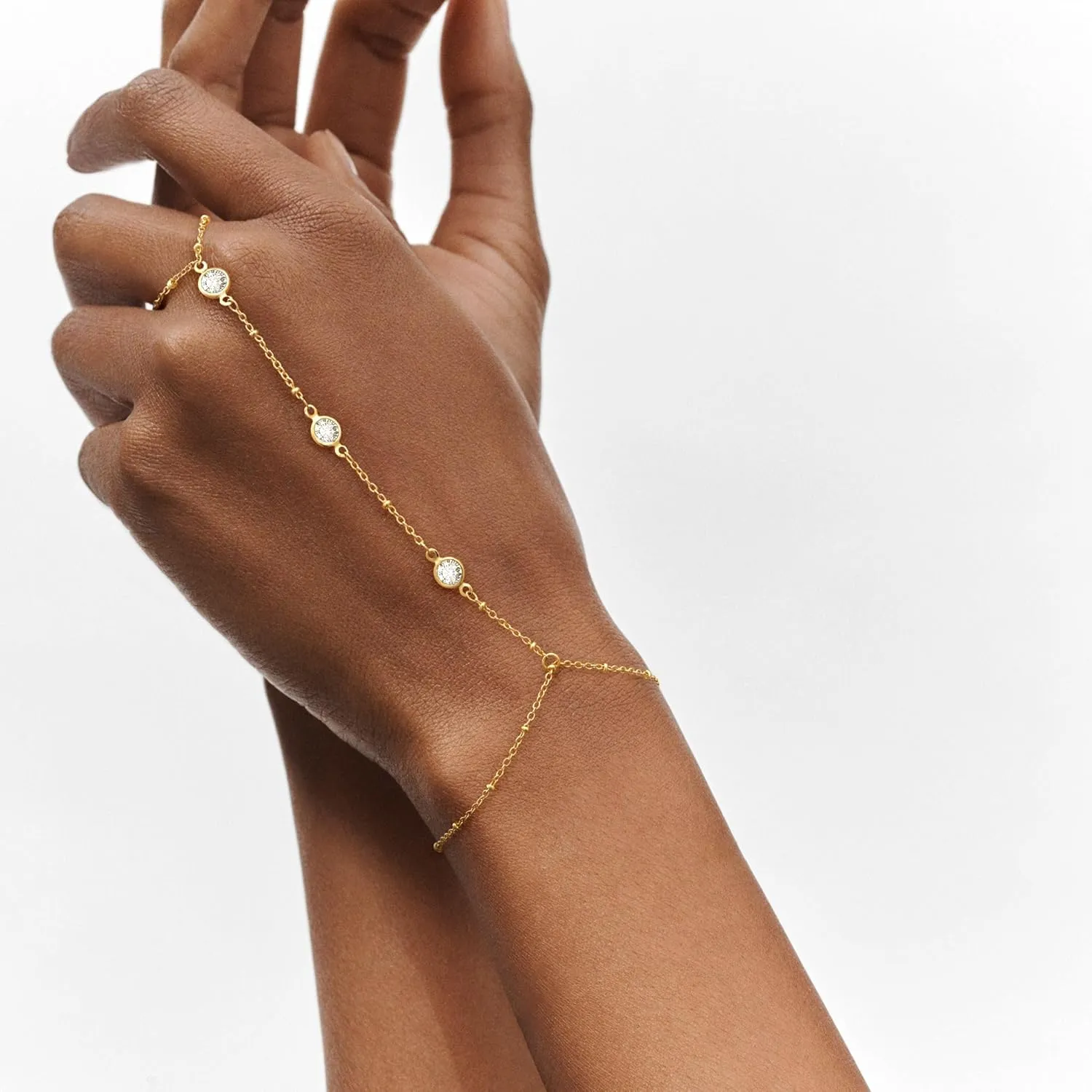 Tewiky Hand Chain Bracelet Ring, 14K Gold Plated/Silver Finger Ring Bracelet, Zircon Sequins Satellite Chain for Women, Trendy Non-Tarnish Jewelry