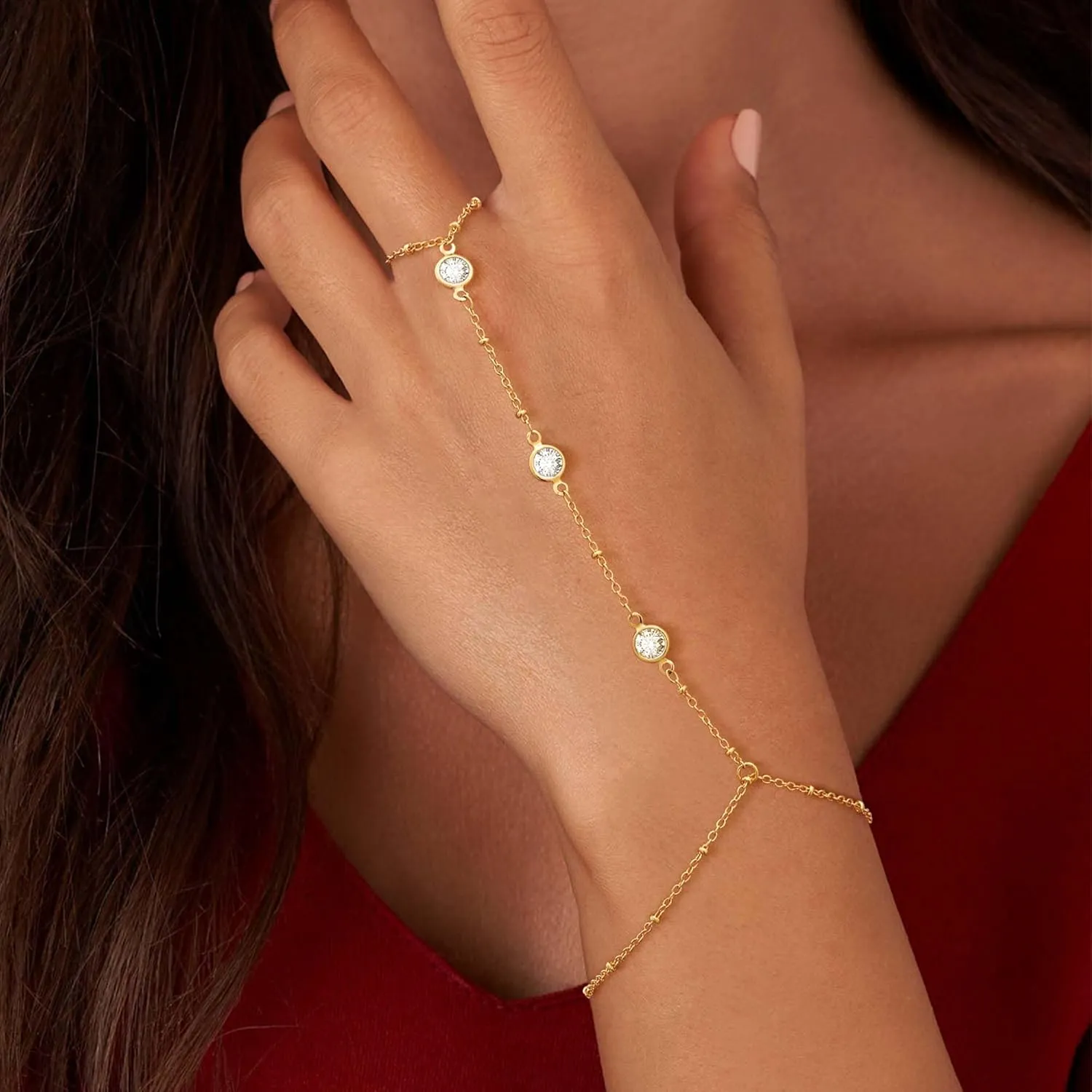 Tewiky Hand Chain Bracelet Ring, 14K Gold Plated/Silver Finger Ring Bracelet, Zircon Sequins Satellite Chain for Women, Trendy Non-Tarnish Jewelry