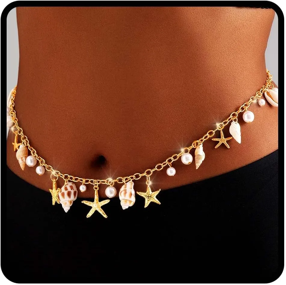 Tgirls Boho Starfish Waist Chain Conch Shell Belly Chains Gold Layered Body Chain Summer Beach Body Accessories for Women