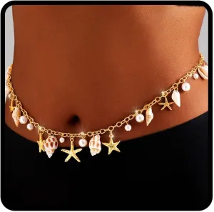 Tgirls Boho Starfish Waist Chain Conch Shell Belly Chains Gold Layered Body Chain Summer Beach Body Accessories for Women