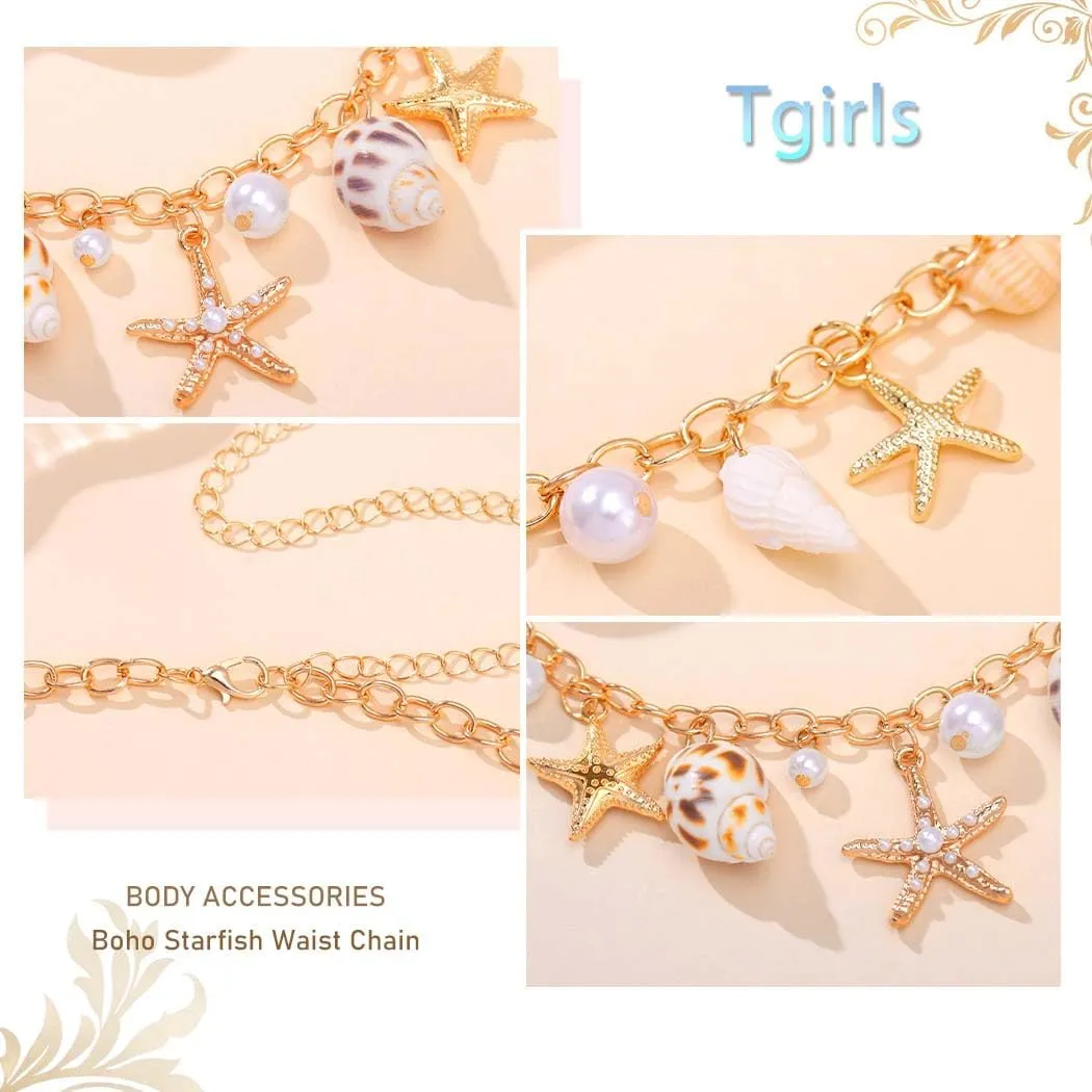 Tgirls Boho Starfish Waist Chain Conch Shell Belly Chains Gold Layered Body Chain Summer Beach Body Accessories for Women