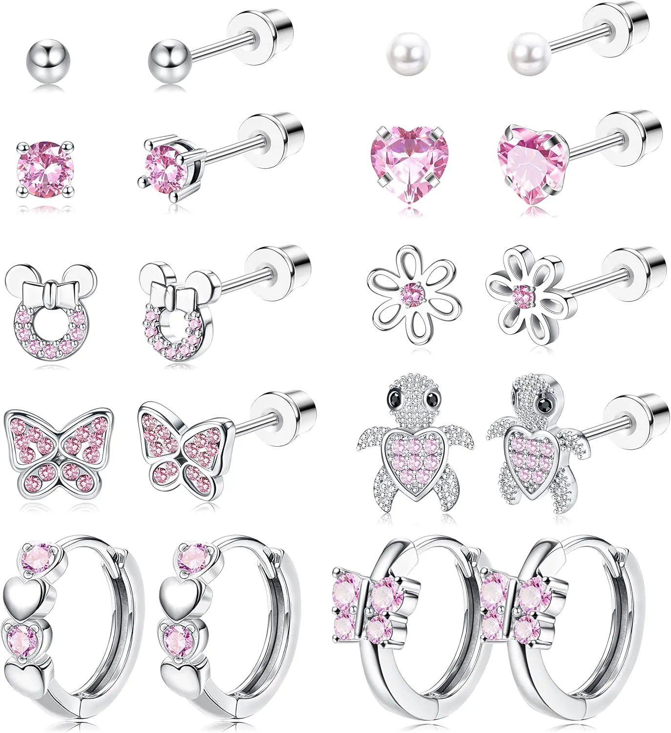 Thunaraz 10 Pairs Hypoallergenic Screwback Earrings for Women 316L Stainless Steel CZ Heart Hoop Earrings Cute Flower Butterfly Screw Back Stud Earrings Set 20G