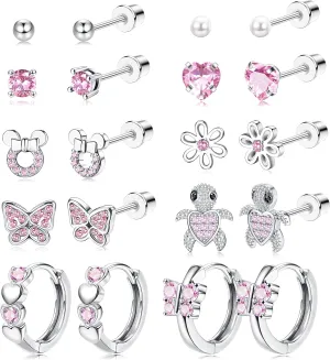 Thunaraz 10 Pairs Hypoallergenic Screwback Earrings for Women 316L Stainless Steel CZ Heart Hoop Earrings Cute Flower Butterfly Screw Back Stud Earrings Set 20G