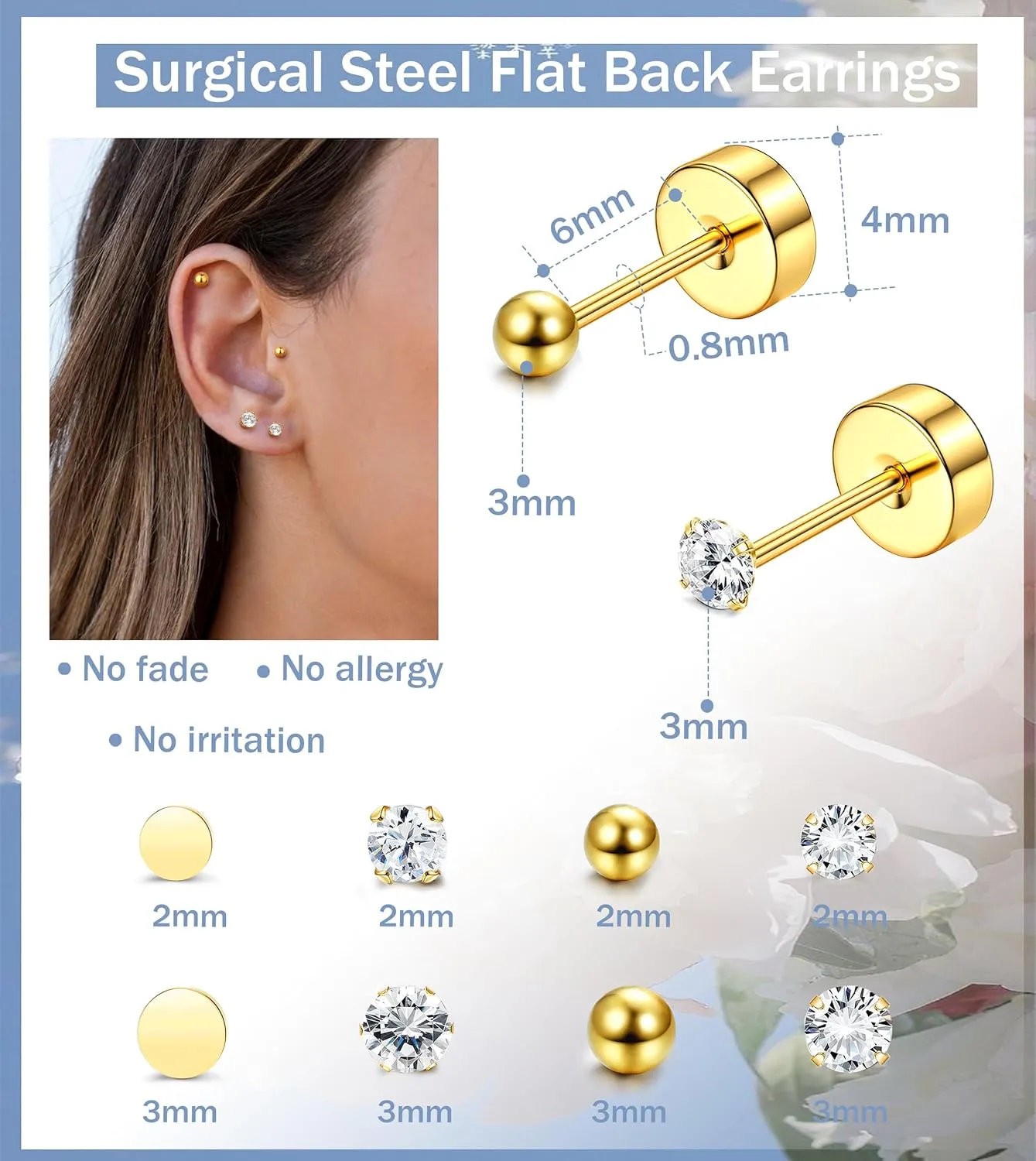 THUNARAZ 16 Pairs Tiny Cartilage Stud Earrings for Women Men Surgical Steel Flat Back Cartilage Earrings Hypoallergenic Cubic Zirconia Tiny Ball Studs Earrings 2mm 3mm Tragus Helix Daith Piercing