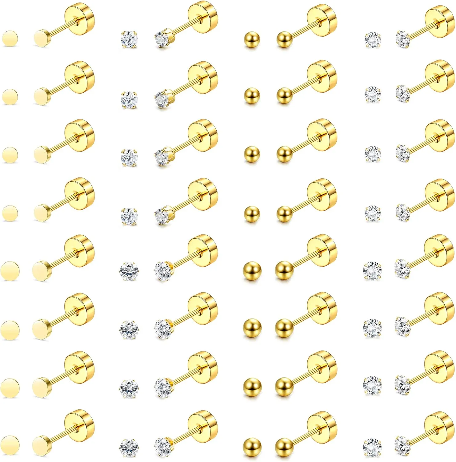 THUNARAZ 16 Pairs Tiny Cartilage Stud Earrings for Women Men Surgical Steel Flat Back Cartilage Earrings Hypoallergenic Cubic Zirconia Tiny Ball Studs Earrings 2mm 3mm Tragus Helix Daith Piercing