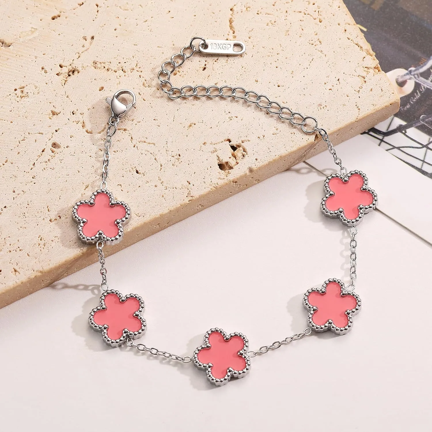 TICVSS Four Leaf Clover Bracelet for Women 18K Gold Plated Stainless Steel Lucky 4 Leaf Silver Chain Link Bracelet Jewelry Gift for Women