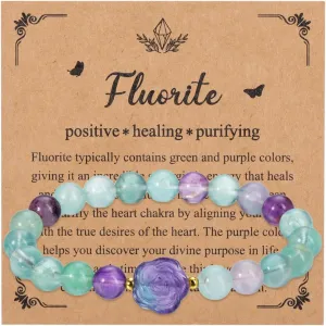 Top Plaza Amethyst Healing Crystal Bracelet for Women 8mm Crystal Stone Beads Rose Flower Charm Stretch Bracelet Handmade Energy Gemstone Bracelet Jewelry Mom Gifts