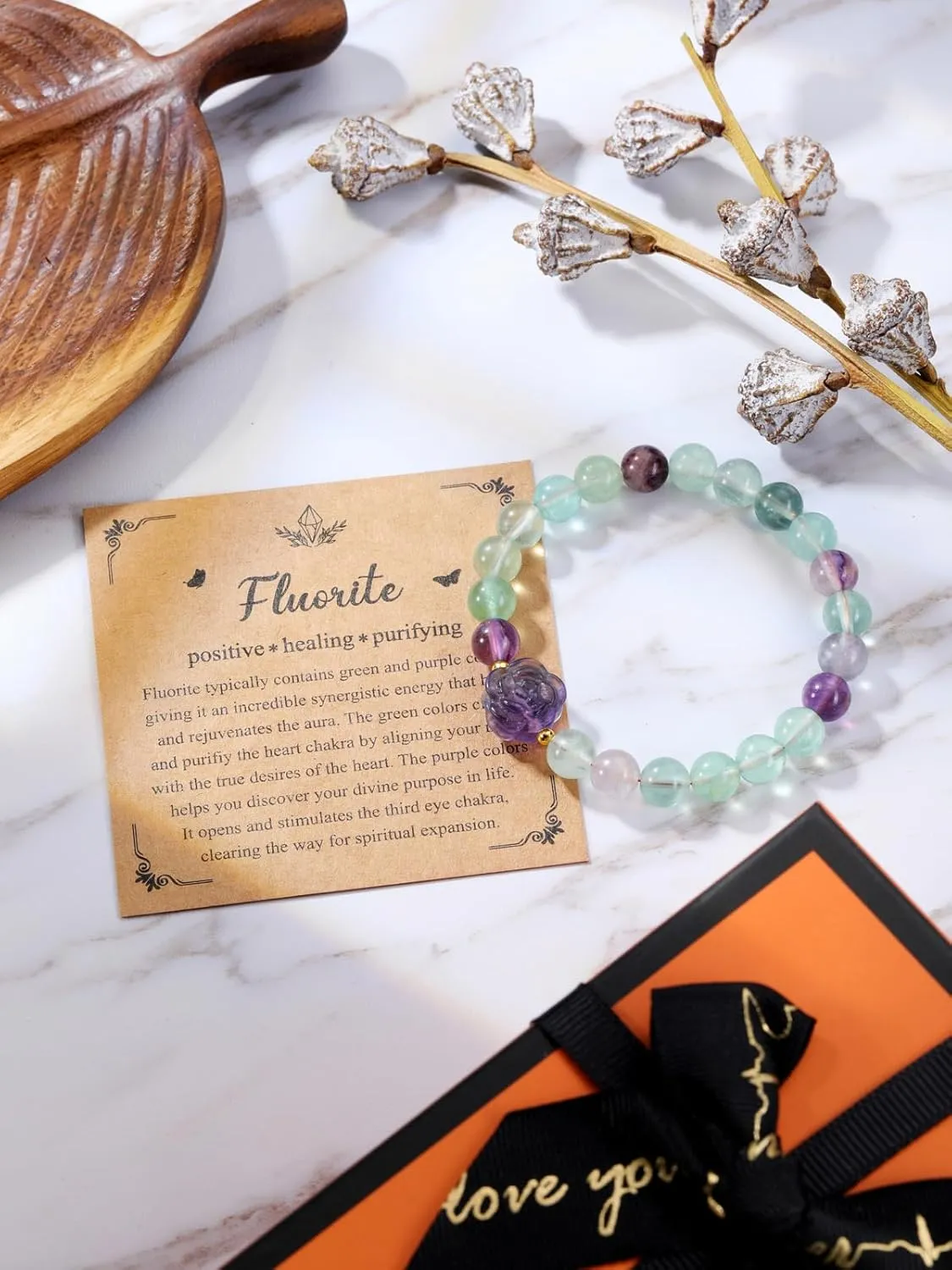 Top Plaza Amethyst Healing Crystal Bracelet for Women 8mm Crystal Stone Beads Rose Flower Charm Stretch Bracelet Handmade Energy Gemstone Bracelet Jewelry Mom Gifts