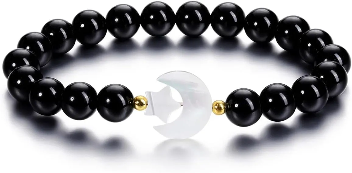Top Plaza Amethyst Healing Crystal Stone Bracelet for Women 8mm Crystal Beads Moon Star Charm Stretch Bracelet Handmade Energy Gemstone Bracelet Jewelry