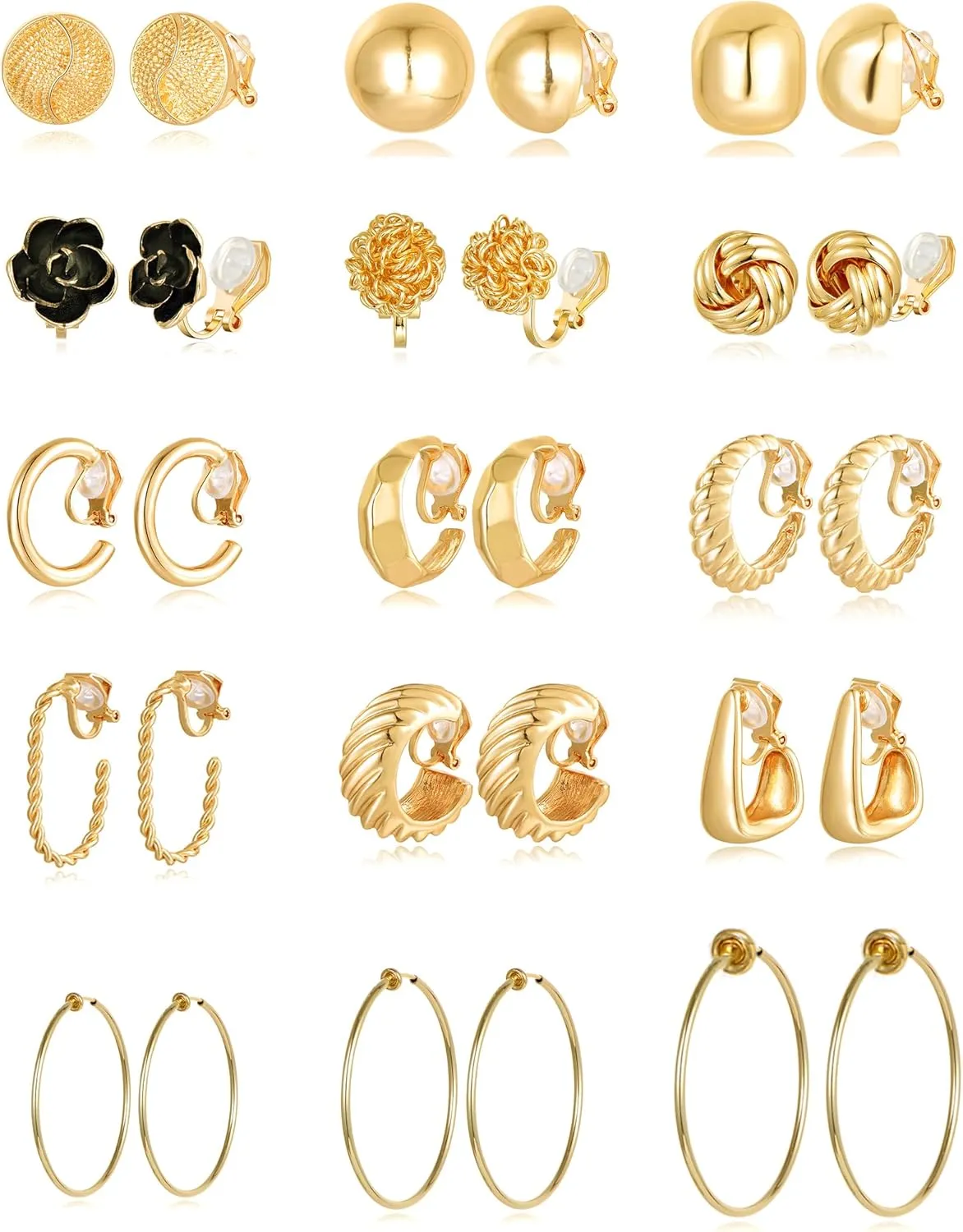 Tornito 15 Pairs Clip on Earrings 14K Gold Plated Chunky Flower Twist Knot Geometric Round Clip on Spring Hoops Earrings for Women Non-Pierced Fake Clip Earring Set Gold Silver Tone