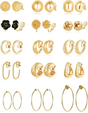 Tornito 15 Pairs Clip on Earrings 14K Gold Plated Chunky Flower Twist Knot Geometric Round Clip on Spring Hoops Earrings for Women Non-Pierced Fake Clip Earring Set Gold Silver Tone