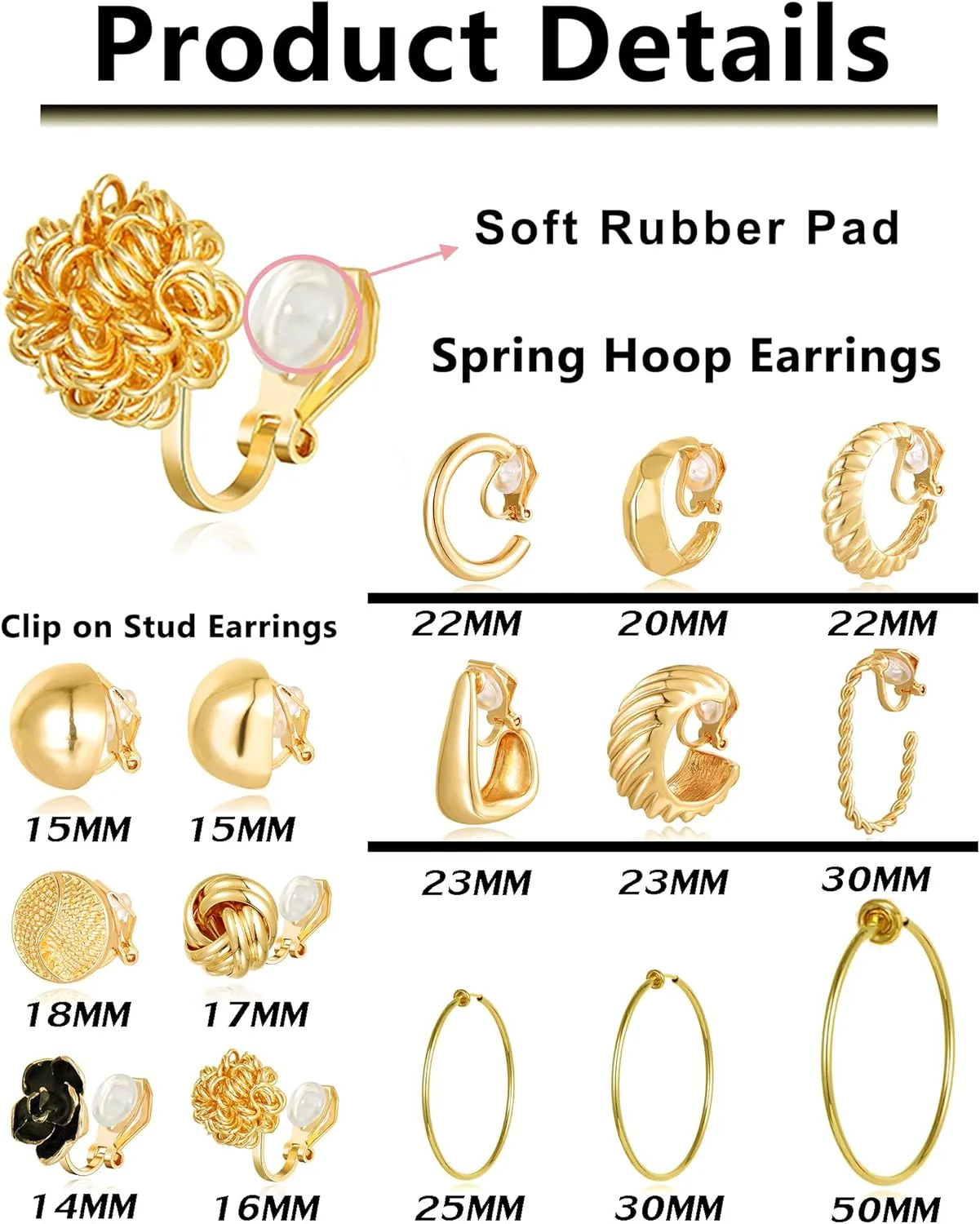 Tornito 15 Pairs Clip on Earrings 14K Gold Plated Chunky Flower Twist Knot Geometric Round Clip on Spring Hoops Earrings for Women Non-Pierced Fake Clip Earring Set Gold Silver Tone