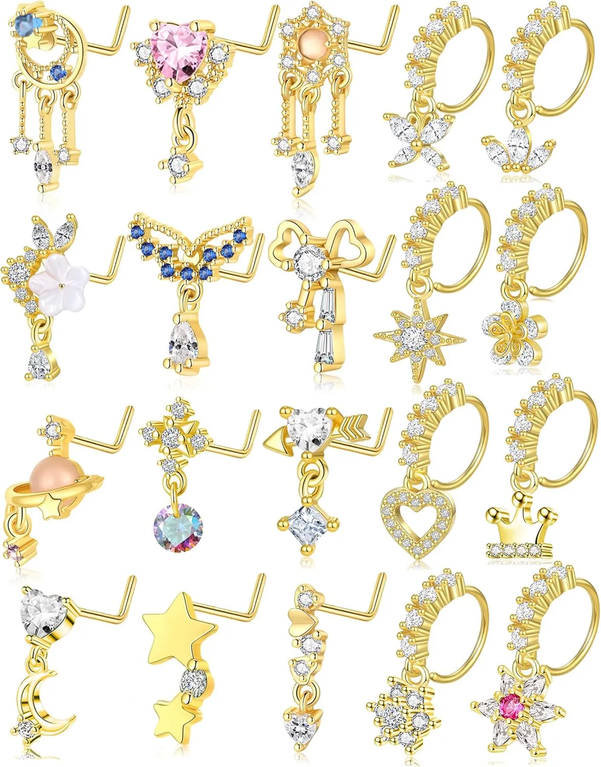 Tornito 20Pcs 20G Dangle Nose Rings Studs for Women L Shaped Dangling Nose Stud Hoop Butterfly Heart Moon Arrow Flower Star Bowtie CZ Dangling Nostril Body Piercing Jewelry with Charm Silver Gold Tone
