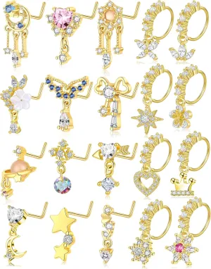 Tornito 20Pcs 20G Dangle Nose Rings Studs for Women L Shaped Dangling Nose Stud Hoop Butterfly Heart Moon Arrow Flower Star Bowtie CZ Dangling Nostril Body Piercing Jewelry with Charm Silver Gold Tone