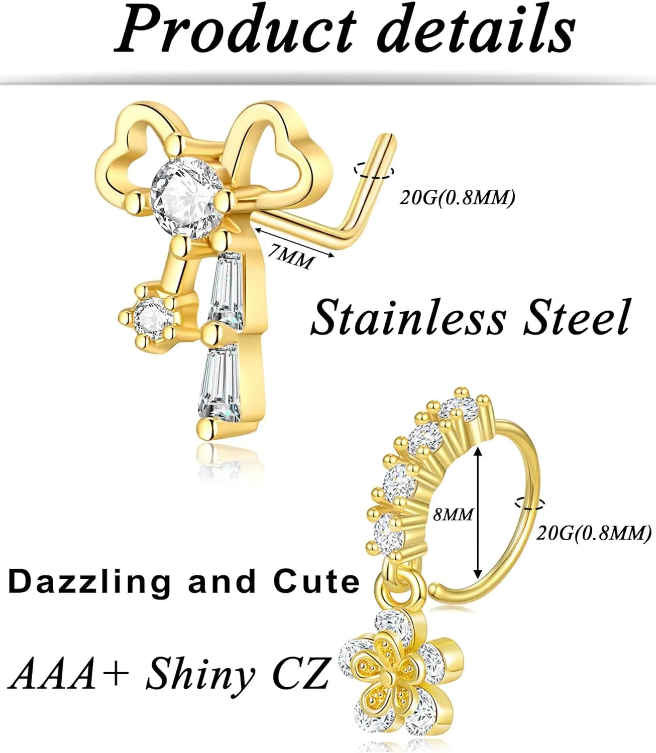 Tornito 20Pcs 20G Dangle Nose Rings Studs for Women L Shaped Dangling Nose Stud Hoop Butterfly Heart Moon Arrow Flower Star Bowtie CZ Dangling Nostril Body Piercing Jewelry with Charm Silver Gold Tone