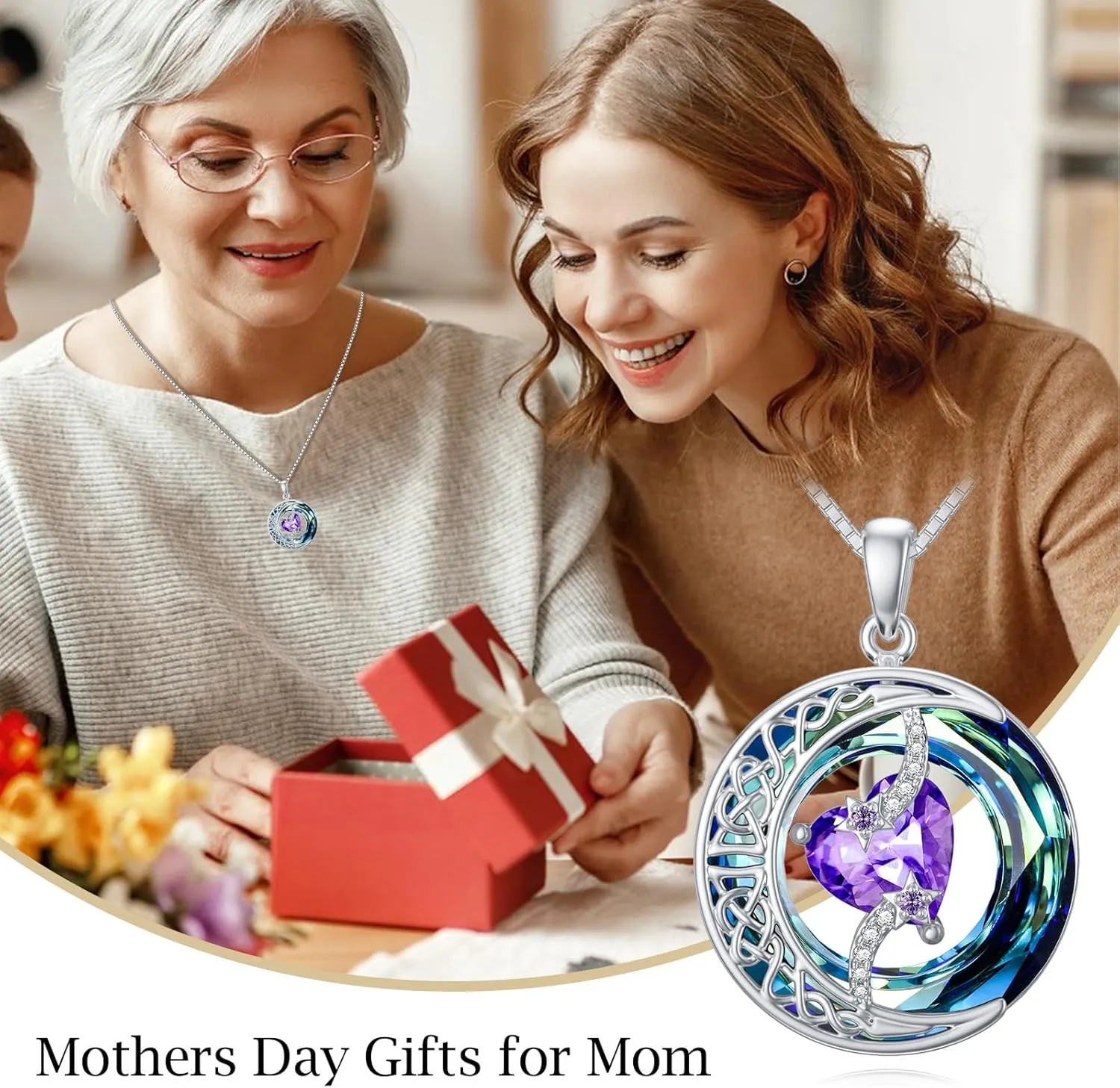 TOUPOP Birthstone Necklace 925 Sterling Silver Moon and Star Pendant Pendant Celtic Moon Crystal Jewelry Birthstone Christmas Gifts for Women Mom Wife Her Girlfriend