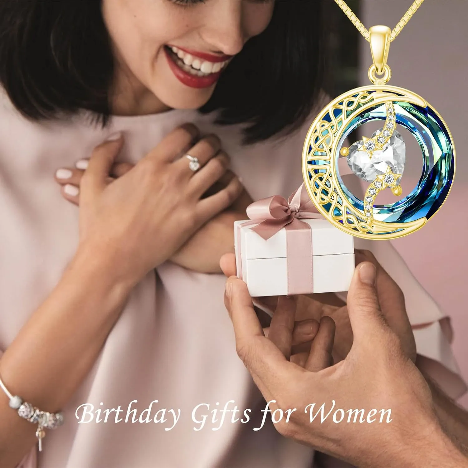 TOUPOP Birthstone Necklace 925 Sterling Silver Moon and Star Pendant Pendant Celtic Moon Crystal Jewelry Birthstone Christmas Gifts for Women Mom Wife Her Girlfriend
