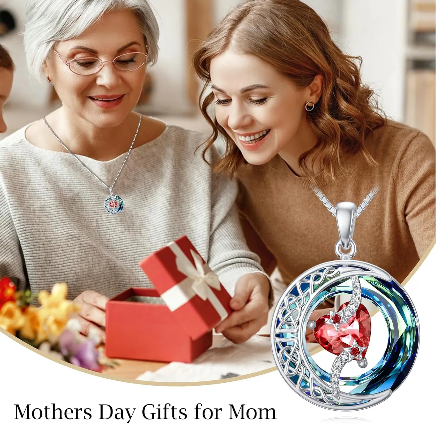 TOUPOP Birthstone Necklace 925 Sterling Silver Moon and Star Pendant Pendant Celtic Moon Crystal Jewelry Birthstone Christmas Gifts for Women Mom Wife Her Girlfriend