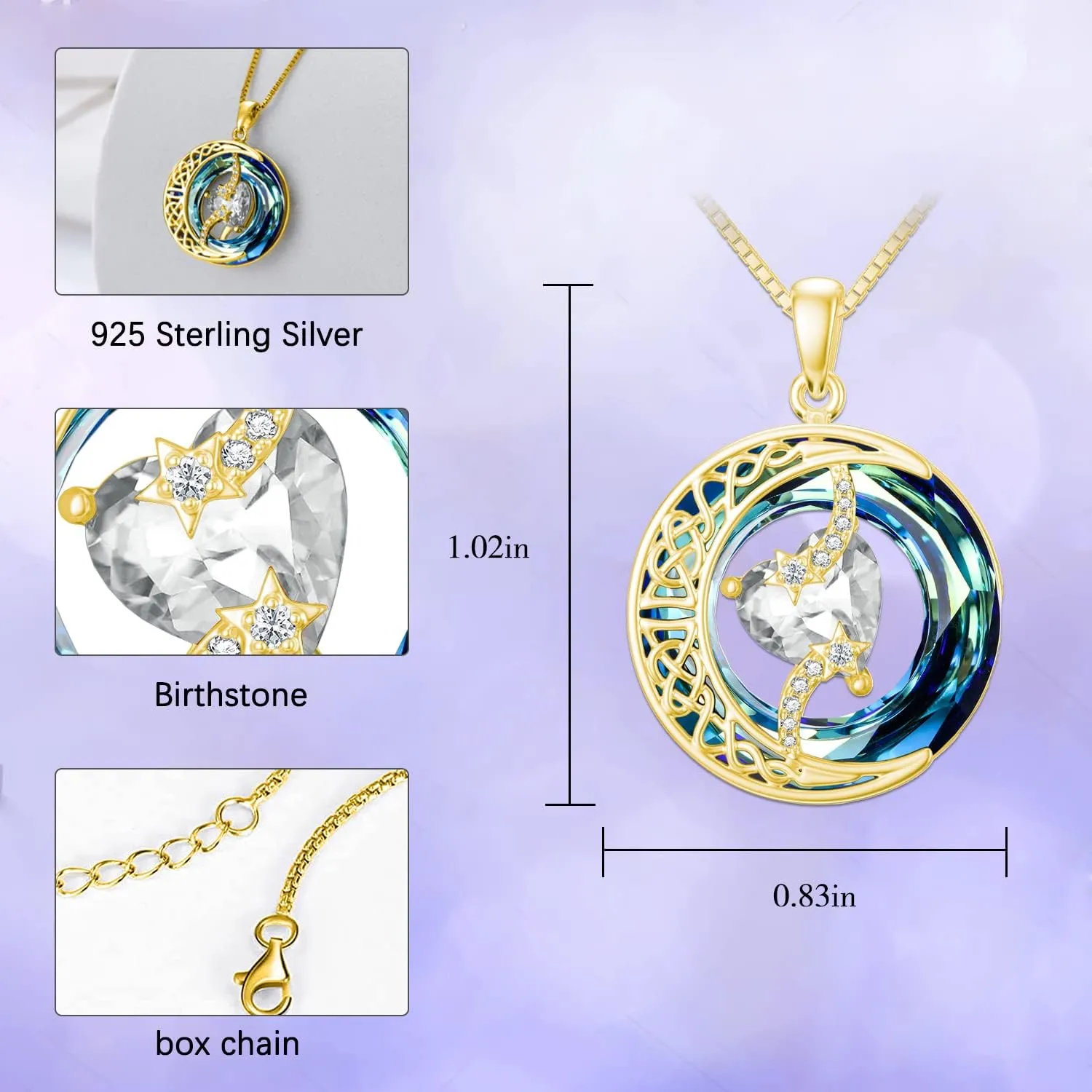 TOUPOP Birthstone Necklace 925 Sterling Silver Moon and Star Pendant Pendant Celtic Moon Crystal Jewelry Birthstone Christmas Gifts for Women Mom Wife Her Girlfriend