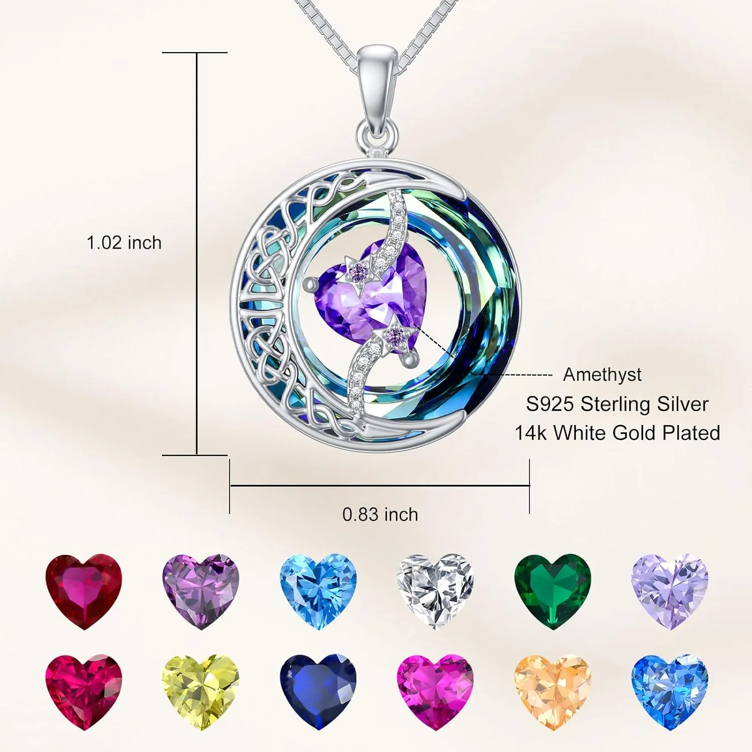 TOUPOP Birthstone Necklace 925 Sterling Silver Moon and Star Pendant Pendant Celtic Moon Crystal Jewelry Birthstone Christmas Gifts for Women Mom Wife Her Girlfriend