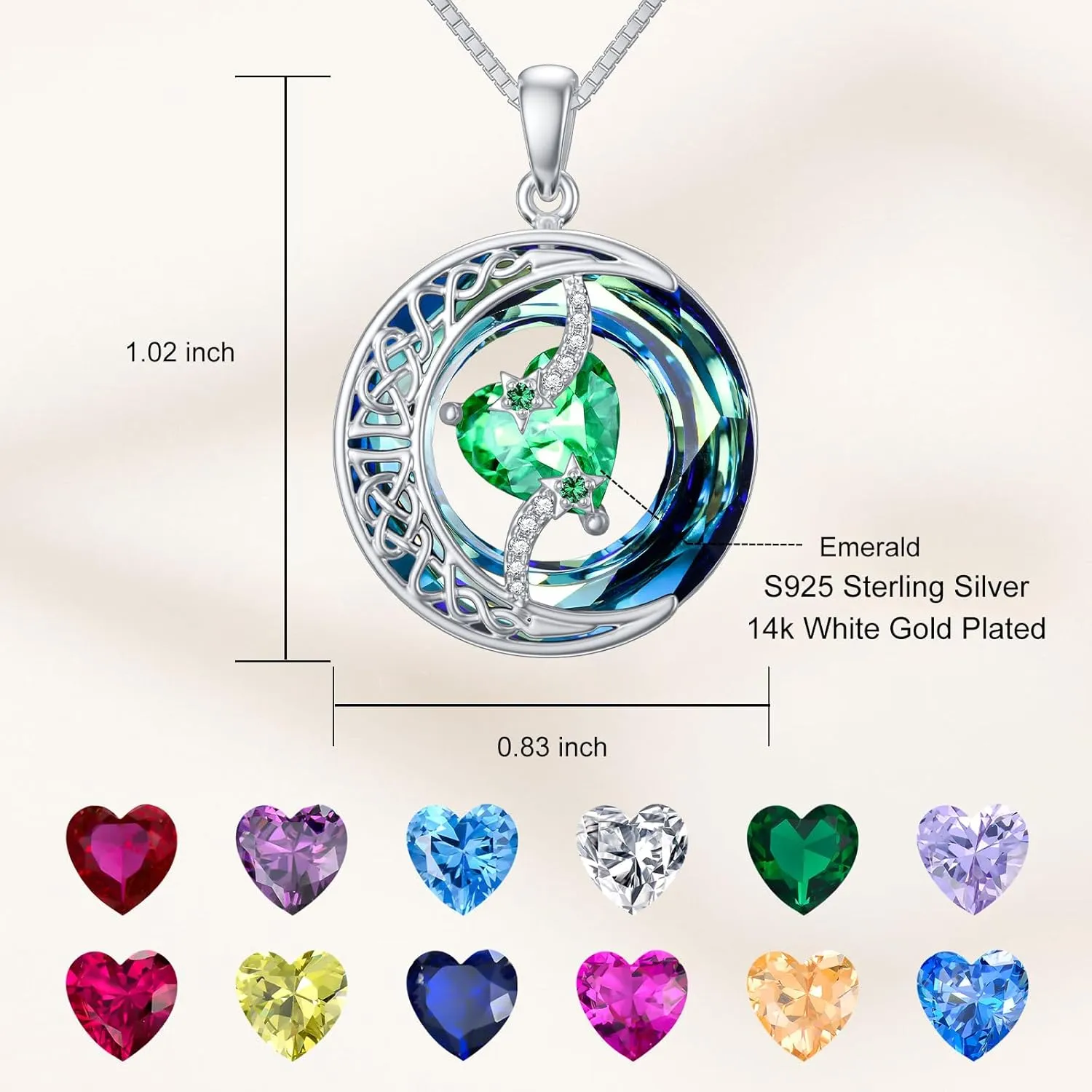 TOUPOP Birthstone Necklace 925 Sterling Silver Moon and Star Pendant Pendant Celtic Moon Crystal Jewelry Birthstone Christmas Gifts for Women Mom Wife Her Girlfriend
