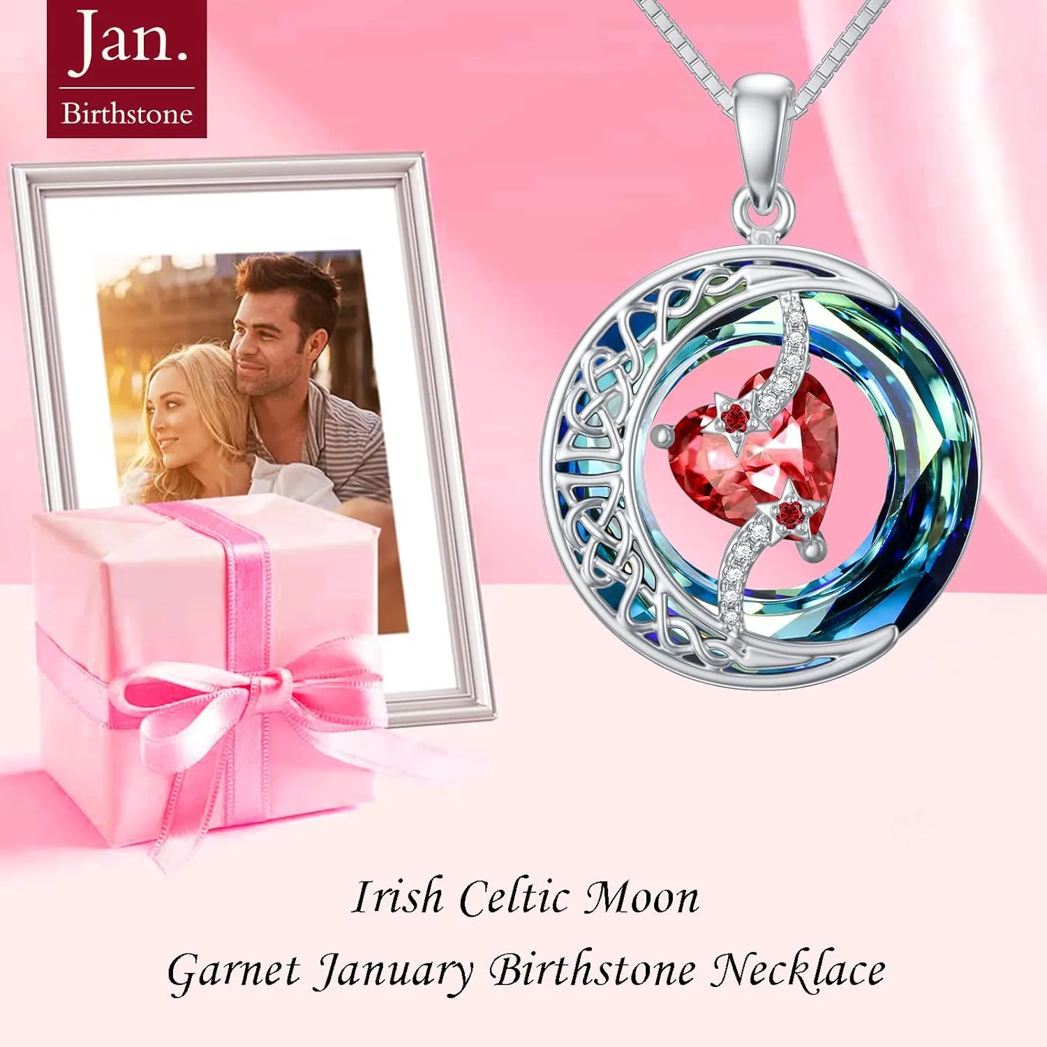 TOUPOP Birthstone Necklace 925 Sterling Silver Moon and Star Pendant Pendant Celtic Moon Crystal Jewelry Birthstone Christmas Gifts for Women Mom Wife Her Girlfriend