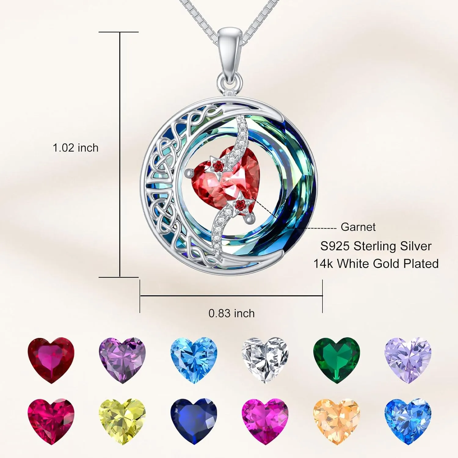 TOUPOP Birthstone Necklace 925 Sterling Silver Moon and Star Pendant Pendant Celtic Moon Crystal Jewelry Birthstone Christmas Gifts for Women Mom Wife Her Girlfriend