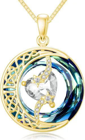 TOUPOP Birthstone Necklace 925 Sterling Silver Moon and Star Pendant Pendant Celtic Moon Crystal Jewelry Birthstone Christmas Gifts for Women Mom Wife Her Girlfriend
