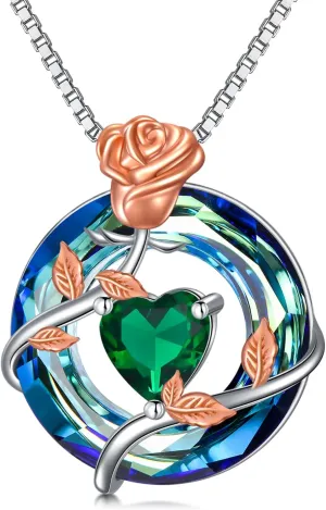 TOUPOP Birthstone Necklace for Women 925 Sterling Silver Rose Flower Pendant Blue Circle Crystal Jewelry Birthday Gifts