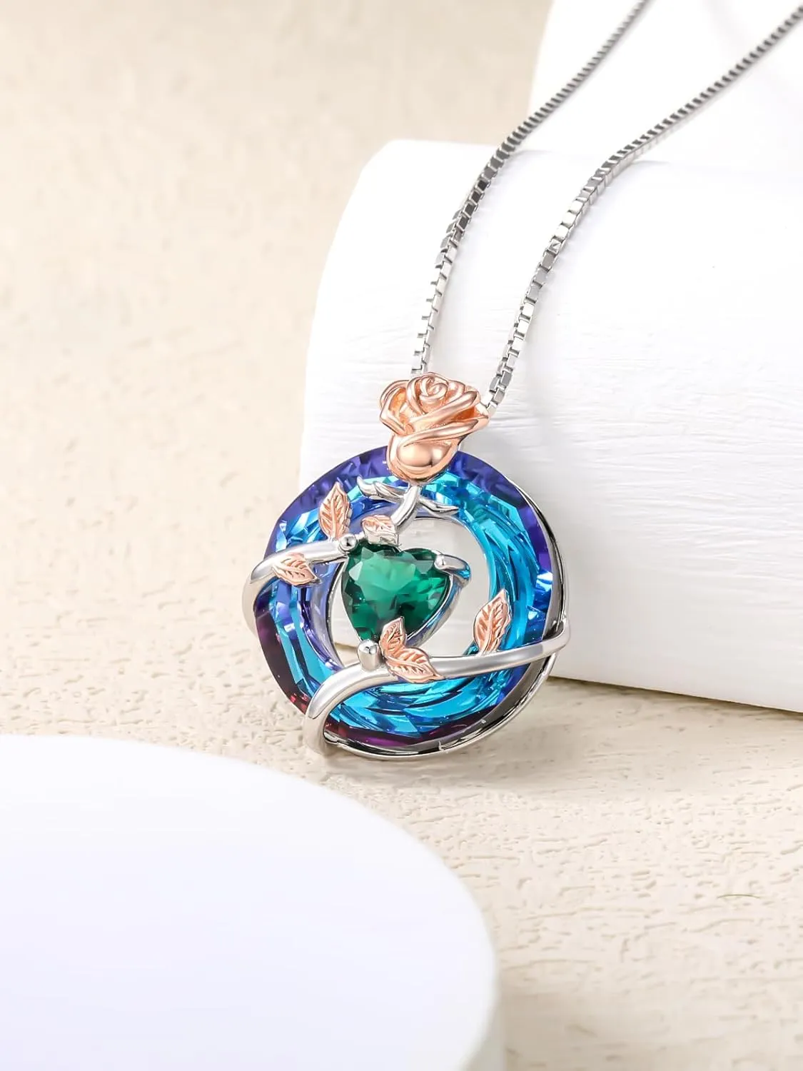TOUPOP Birthstone Necklace for Women 925 Sterling Silver Rose Flower Pendant Blue Circle Crystal Jewelry Birthday Gifts