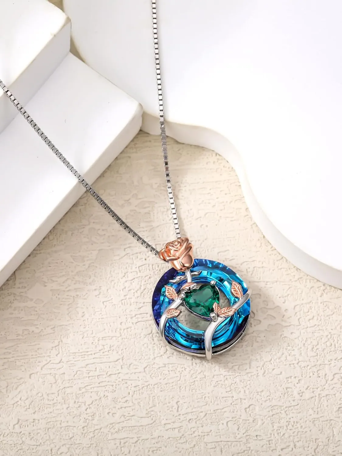 TOUPOP Birthstone Necklace for Women 925 Sterling Silver Rose Flower Pendant Blue Circle Crystal Jewelry Birthday Gifts