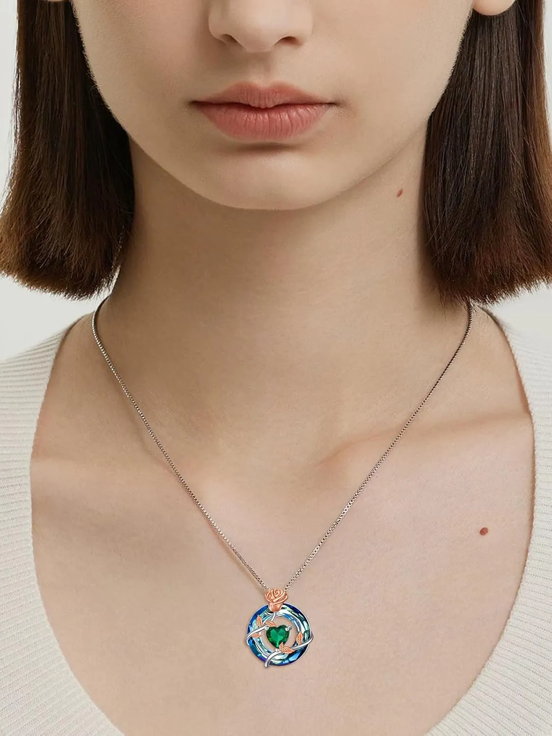 TOUPOP Birthstone Necklace for Women 925 Sterling Silver Rose Flower Pendant Blue Circle Crystal Jewelry Birthday Gifts
