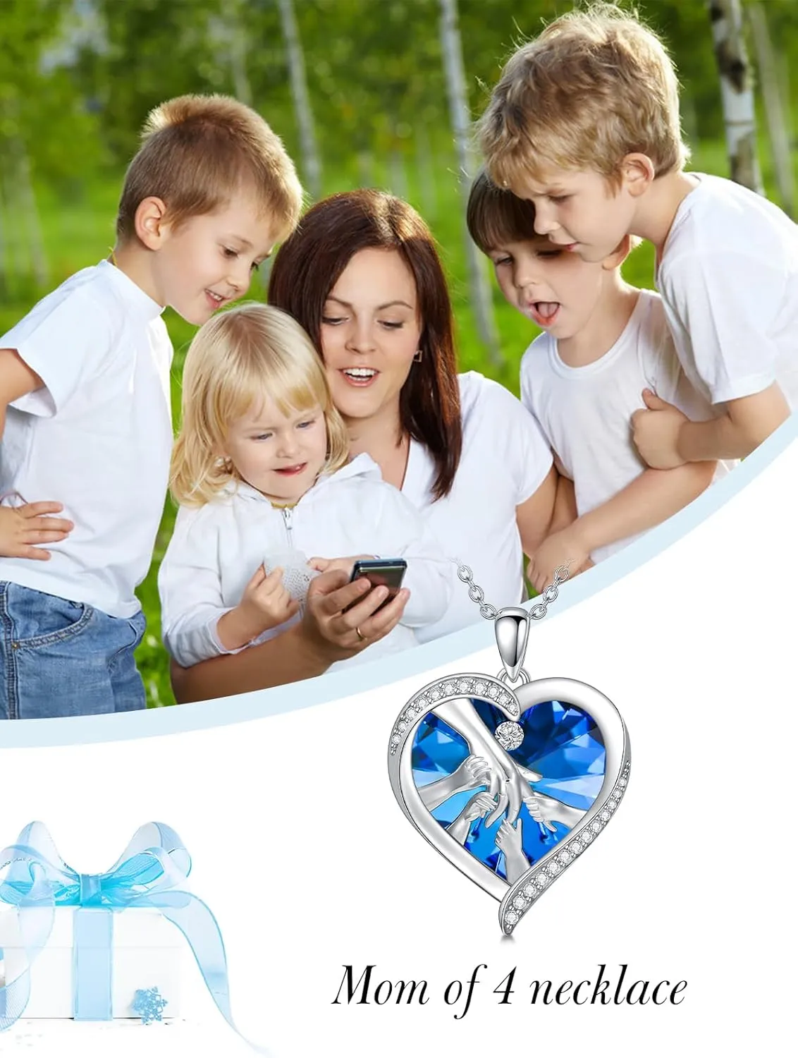 TOUPOP Gifts for Mom 925 Sterling Silver Mother and Daughters/Sons Hands Necklace Blue Heart Crystal Jewelry Mothers Day Birthday Gifts for Women