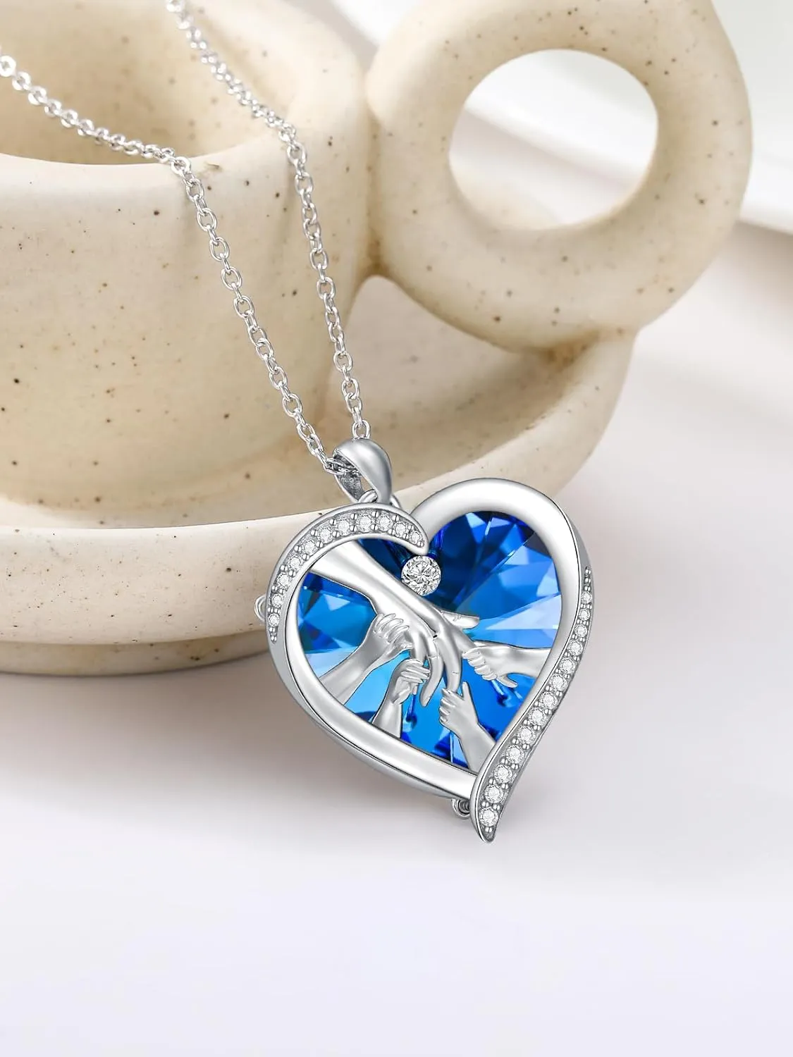 TOUPOP Gifts for Mom 925 Sterling Silver Mother and Daughters/Sons Hands Necklace Blue Heart Crystal Jewelry Mothers Day Birthday Gifts for Women
