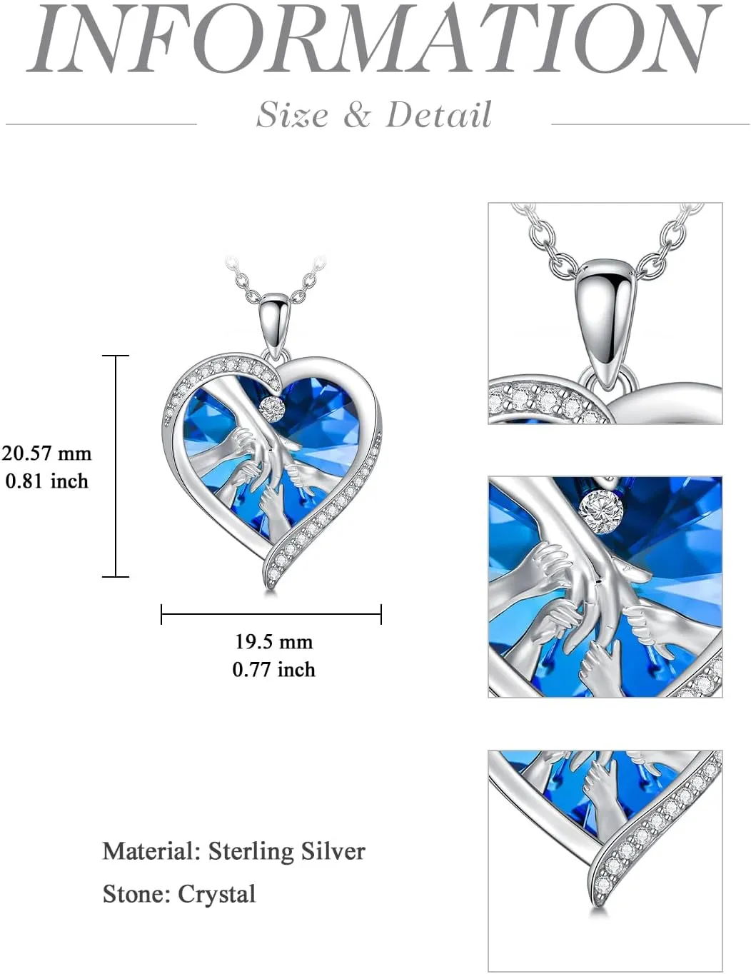TOUPOP Gifts for Mom 925 Sterling Silver Mother and Daughters/Sons Hands Necklace Blue Heart Crystal Jewelry Mothers Day Birthday Gifts for Women
