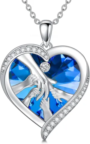 TOUPOP Gifts for Mom 925 Sterling Silver Mother and Daughters/Sons Hands Necklace Blue Heart Crystal Jewelry Mothers Day Birthday Gifts for Women