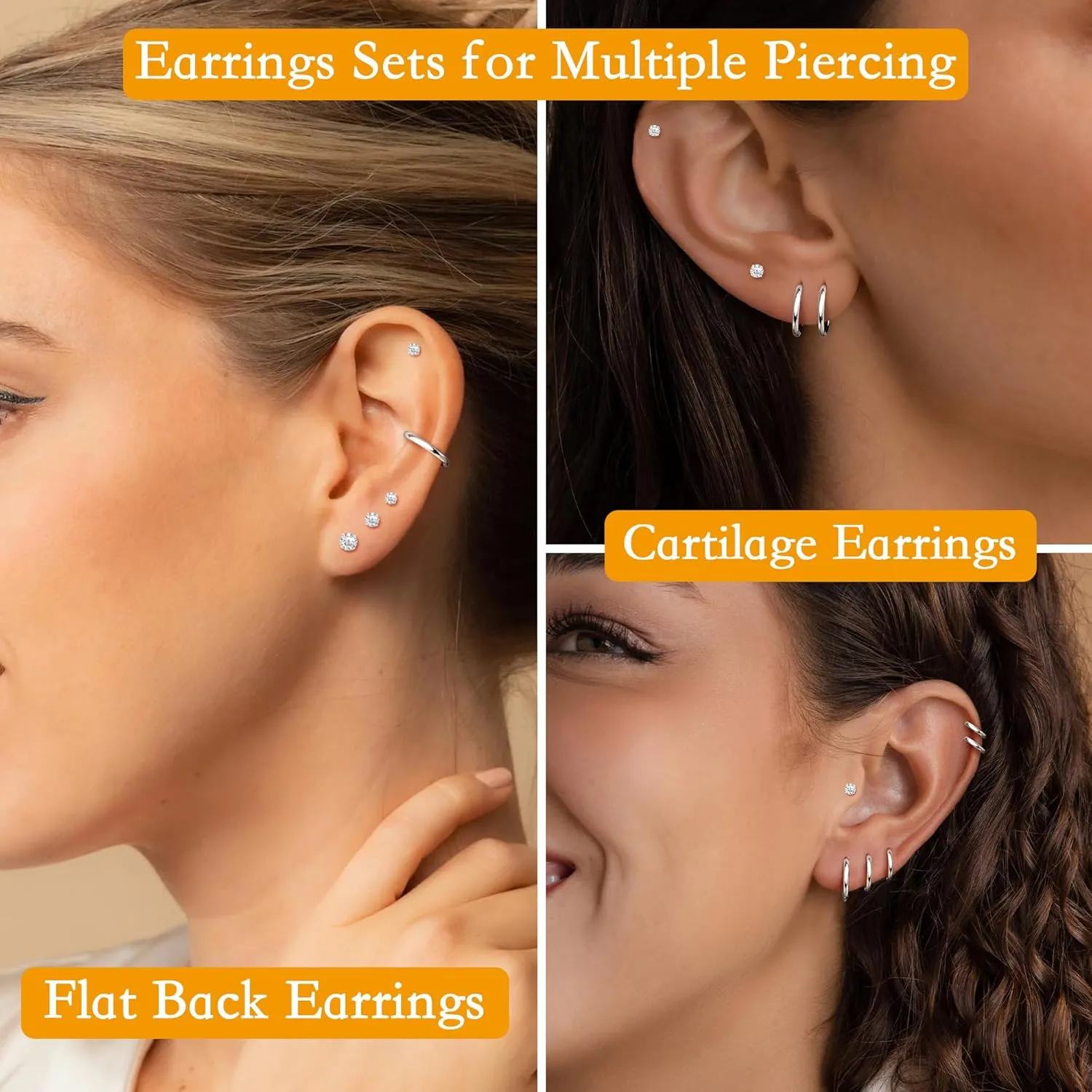 Tragus Gold Earrings Set for Women, Cartilage Earring Stack for Multiple Piercing, Hypoallergenic Helix Flat Back Small Stud Hoop Earrings for Sensitive Ear, Jewelry Gift