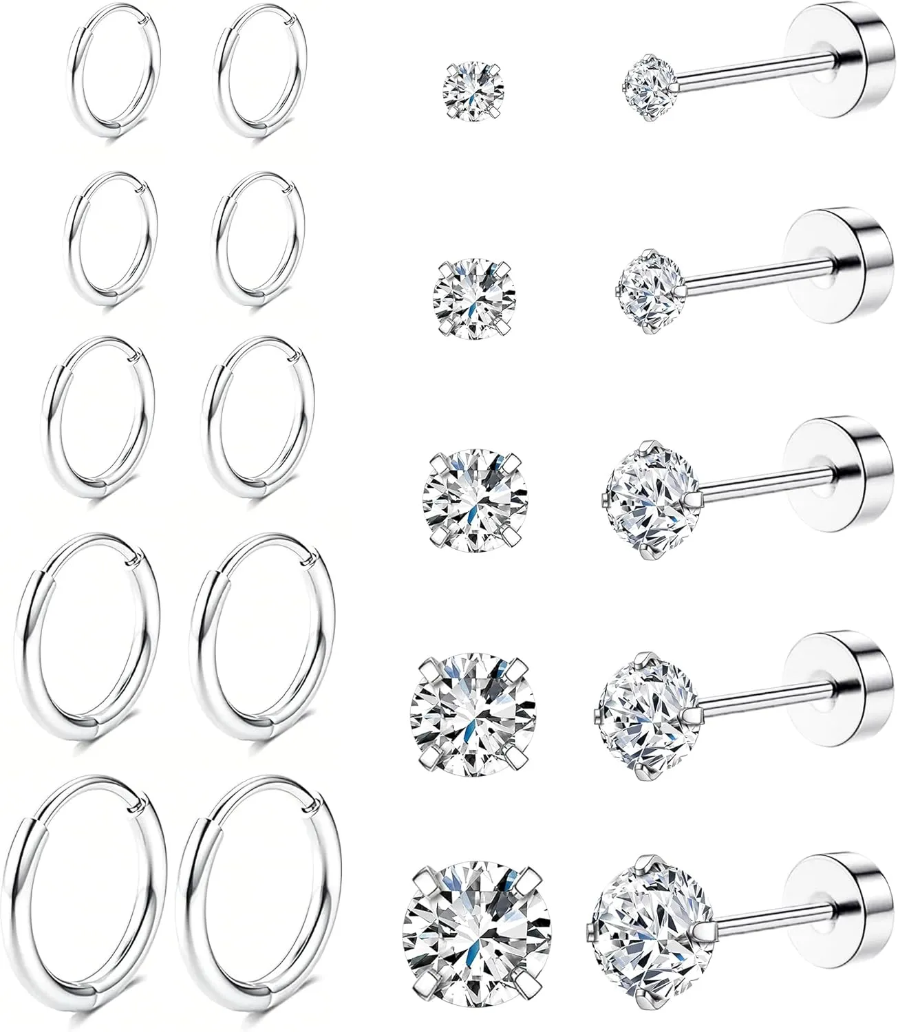 Tragus Gold Earrings Set for Women, Cartilage Earring Stack for Multiple Piercing, Hypoallergenic Helix Flat Back Small Stud Hoop Earrings for Sensitive Ear, Jewelry Gift