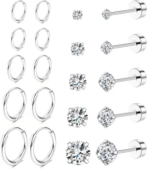 Tragus Gold Earrings Set for Women, Cartilage Earring Stack for Multiple Piercing, Hypoallergenic Helix Flat Back Small Stud Hoop Earrings for Sensitive Ear, Jewelry Gift